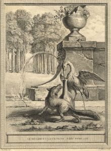 J.J. Flipart - 18th Century Engraving, Le Renard et la Cicogne, Fable XVIII