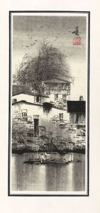Oriental Contemporary Digital Print - Houses by the Water