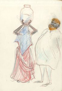 Lory Adler - 1983 Crayon, Man and Woman Carrying Pot