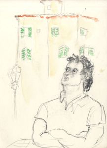 Lory Adler - 1983 Crayon, Man in front of Building