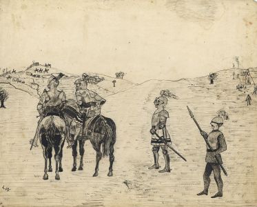 L.J. Webster - Early 20th Century Pen and Ink Drawing, Knights on Battle Field