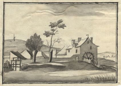 Monochrome 19th Century Watercolour - Landscape with Mill