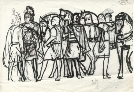 Mid 20th Century Pen and Ink Drawing - Roman Soldiers and Horses