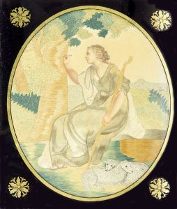 Very Fine Georgian Embroidery - Silkwork with Hand Painting, Erminia