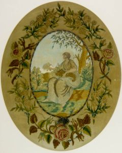 Georgian Embroidery - Silkwork, Seated Woman with Floral Border