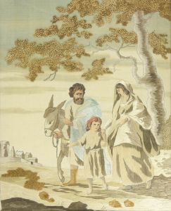 19th Century Embroidery - Silkwork with Hand Painting, Three Figures and Donkey