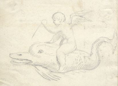 Attributed Joseph Crawhall II - Mid 19th Century Graphite Drawing, Cherub Riding