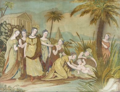 Superb Early 19th Century Embroidery - Silkwork, Moses in the Bulrushes