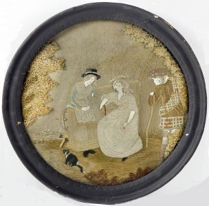 Early 19th Century Embroidery - Silkwork, Seated Women with Man and Cat