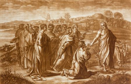 Elisha Kirkall - 1734 Mezzotint, Christ's Charge to Peter / Raphael Cartoons
