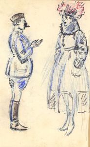 Andre Nevil - 1900 Pen and Ink Drawing, Lady and Man