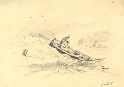 Monogram GMS - 19th Century Graphite Drawing, Fishermen in Rough Sea
