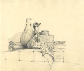 Monogram G M S - 19th Century Graphite Drawing, Vases d'Alger