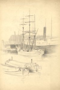 Stavard Cash - Early 20th Century Charcoal Drawing, Boats at Quay