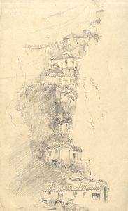 19th Century Graphite Drawing - Hillside Houses