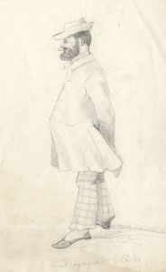19th Century Graphite Drawing - Smoking Man in Plaid Trousers