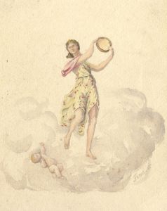 Monogram F.W.W.S - 1925 Watercolour, Nymph with Tambourine and Cherub
