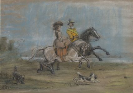 Attributed Alfred de Dreux - 19th Century Pastel, Lady and Suitor on Horseback