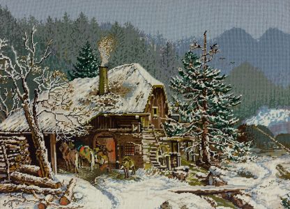 Mid 20th Century Embroidery - Needlepoint Alpine Snow Scene with House