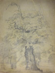 19th Century Graphite Drawing - Two Figures below Large Tree