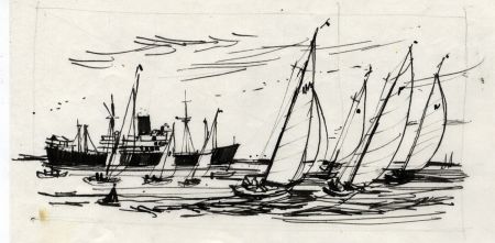 Paul Sharp - Mid 20th Century Pen and Ink Drawing, Racing in Yachts