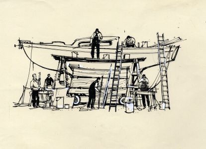 Paul Sharp - Mid 20th Century Pen and Ink Drawing, Working in the Boatyard