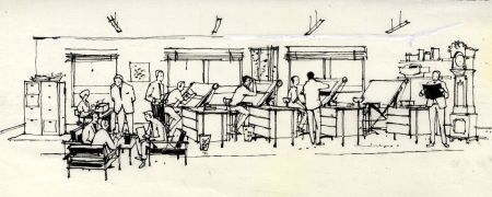 Paul Sharp - Mid 20th Century Pen and Ink Drawing, The Architects