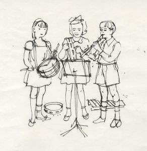 Paul Sharp - Mid 20th Century Pen and Ink Drawing, Children with Instruments