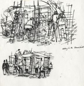 Paul Sharp - 1966 Pen and Ink Drawing, Working in the Tunnel