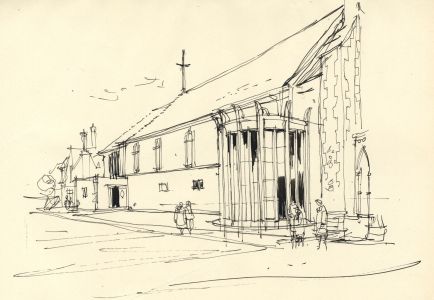Paul Sharp - Mid 20th Century Pen and Ink Drawing, Exterior of church