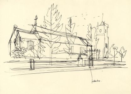 Paul Sharp - Mid 20th Century Pen and Ink Drawing, Church exterior