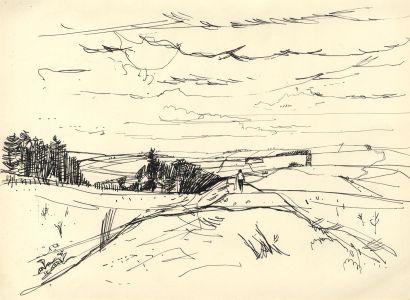 Paul Sharp - Mid 20th Century Pen and Ink Drawing, A walk through the landscape.