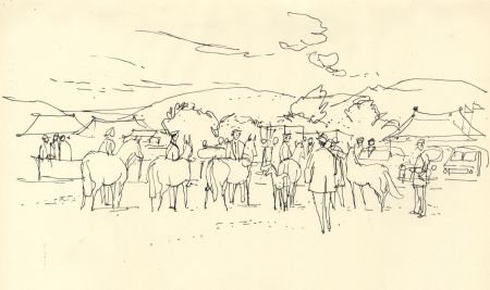 Paul Sharp - Mid 20th Century Pen and Ink Drawing, Horses at fair
