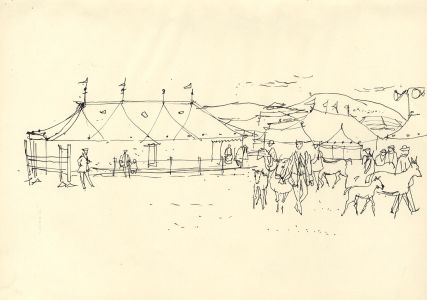 Paul Sharp - Mid 20th Century Pen and Ink Drawing, Horses at fair