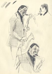 Paul Sharp - Mid 20th Century Graphite Drawing, Saxophonist at Ronnie Scotts bar