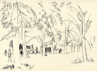 Paul Sharp - Mid 20th Century Pen and Ink Drawing, Forest with figures