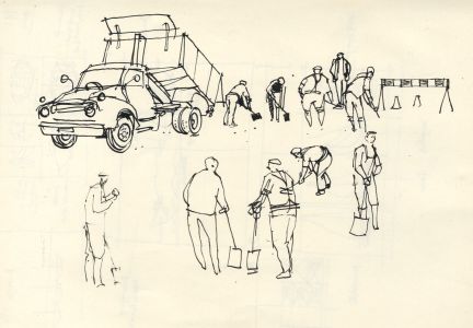 Paul Sharp - Mid 20th Century Pen and Ink Drawing, Men working on road