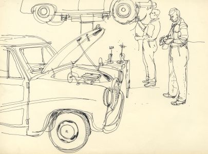 Paul Sharp - 1958 Pen and Ink Drawing, Garage Scene