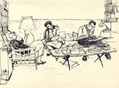 Paul Sharp - 1958 Pen and Ink Drawing, Living Room Scene