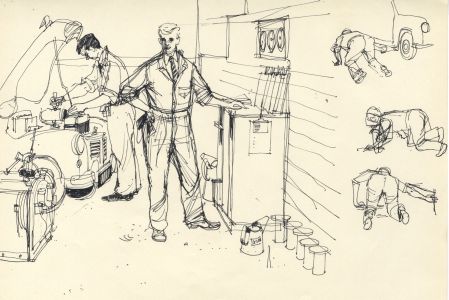 Paul Sharp - 1958 Pen and Ink Drawing, Garage Scene