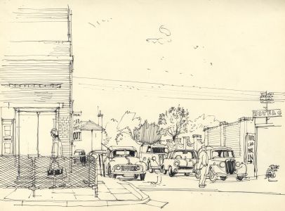 Paul Sharp - 1958 Pen and Ink Drawing, Hotel Car Park