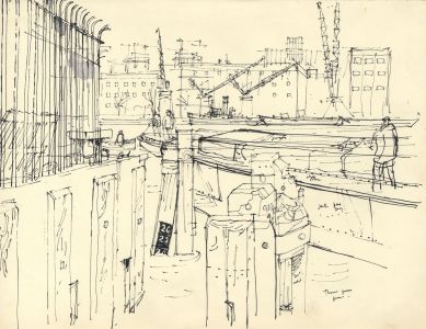 Paul Sharp - 1958 Pen and Ink Drawing, Thames Dock Scene