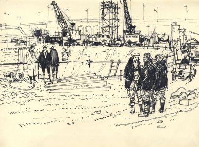 Paul Sharp - 1958 Pen and Ink Drawing, Industrial Scene