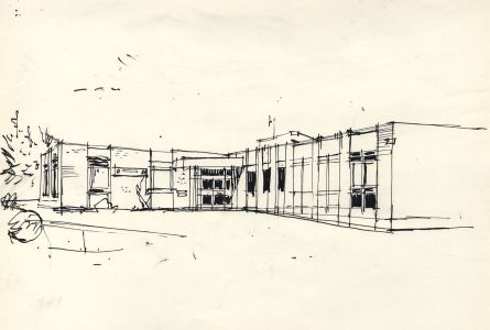 Paul Sharp - Mid 20th Century Pen and Ink Drawing, Modern Building Study