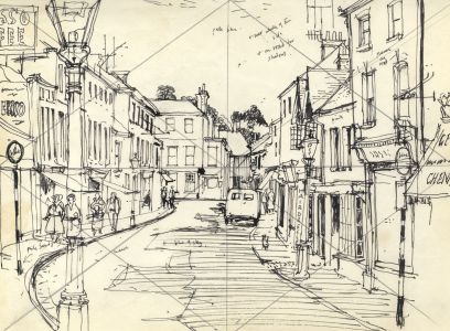 Paul Sharp - Mid 20th Century Pen and Ink Drawing, High Street Study