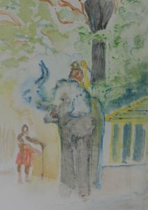Joan Lewis - Contemporary Monotype, Figures Riding an Elephant 1