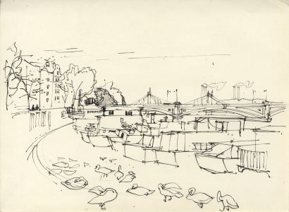 Paul Sharp - Mid 20th Century Pen and Ink Drawing, Boats on the Thames