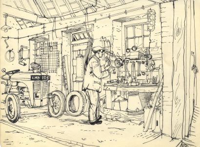 Paul Sharp - Mid 20th Century Pen and Ink Drawing, In the Workshop