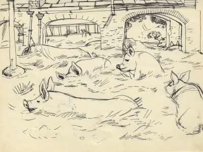 Paul Sharp - Mid 20th Century Pen and Ink Drawing, Pigs in the Farm