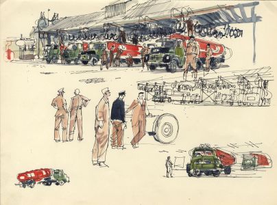 Paul Sharp - Mid 20th Century Pen and Ink Drawing, Truck Depot